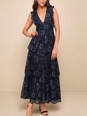 Lulus Molinetto Navy Blue Lace Ruffled Tiered Sleeveless Maxi Dress